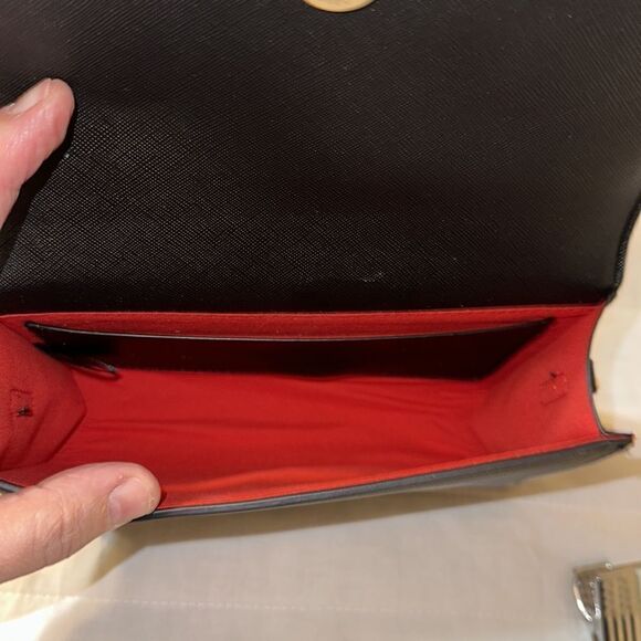 MM Black Gold Tone Hardware Red Lined Crossbody Bag Purse - Picture 7 of 11